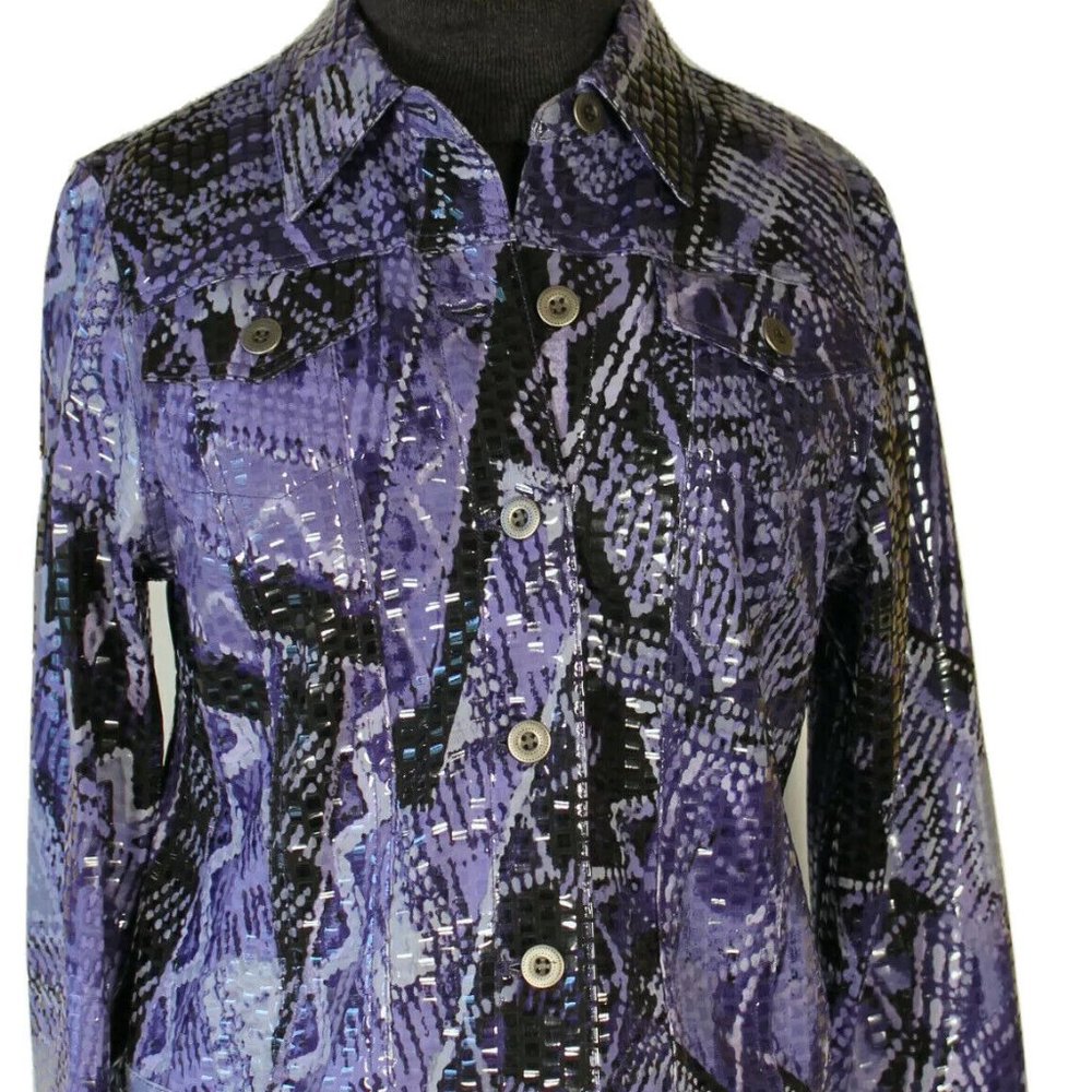 Ruby Rd Petite Jacket Blazer 10P Women Purple Black Metallic Faux Snake Leather